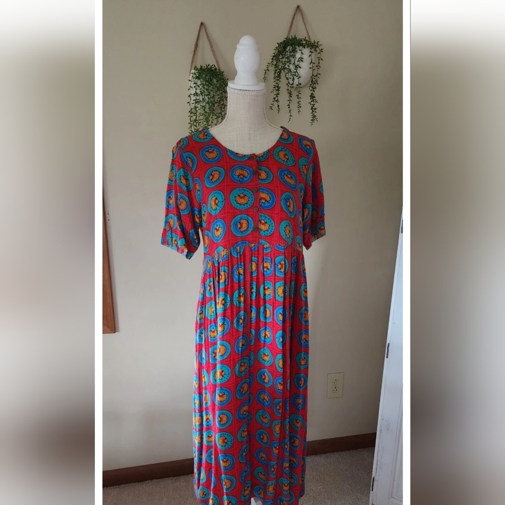 Haute Curry Sz. Large Floral Red boho long Maxi Short Sleeve dress - Picture 2 of 6